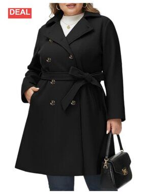 Plus Size Double Breasted Wool Blend Pea Coat with Belted Waist